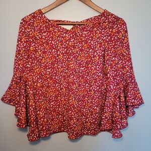 By&By Girls Red Floral Bell Sleeve Back Neck‎ Tie Blouse Size XL (16)
